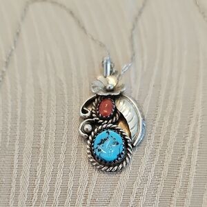 Vintage Native American Pendant w/Turquoise & Coral Stones w/18" Chain